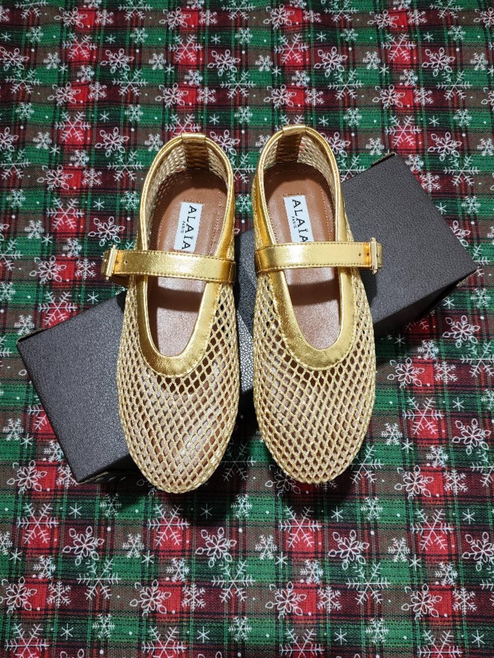 AlAIA Gold Mesh Mary Jane Flats